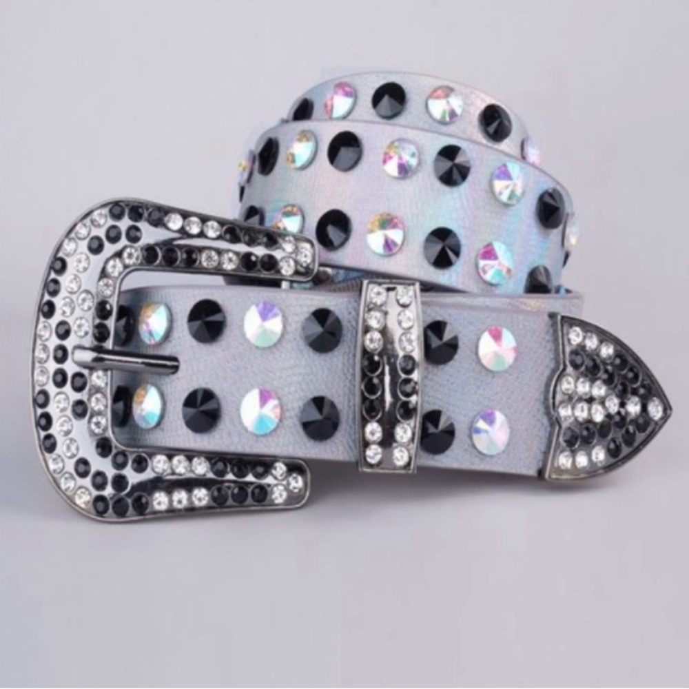 Black and Silver Decorative Belt with Studs and Ornate Buckle
